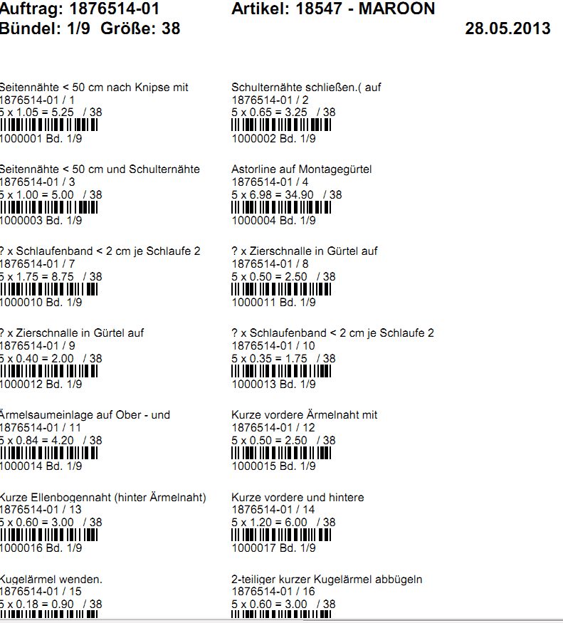 Zielzettel mit Barcode je Arbeitsgang