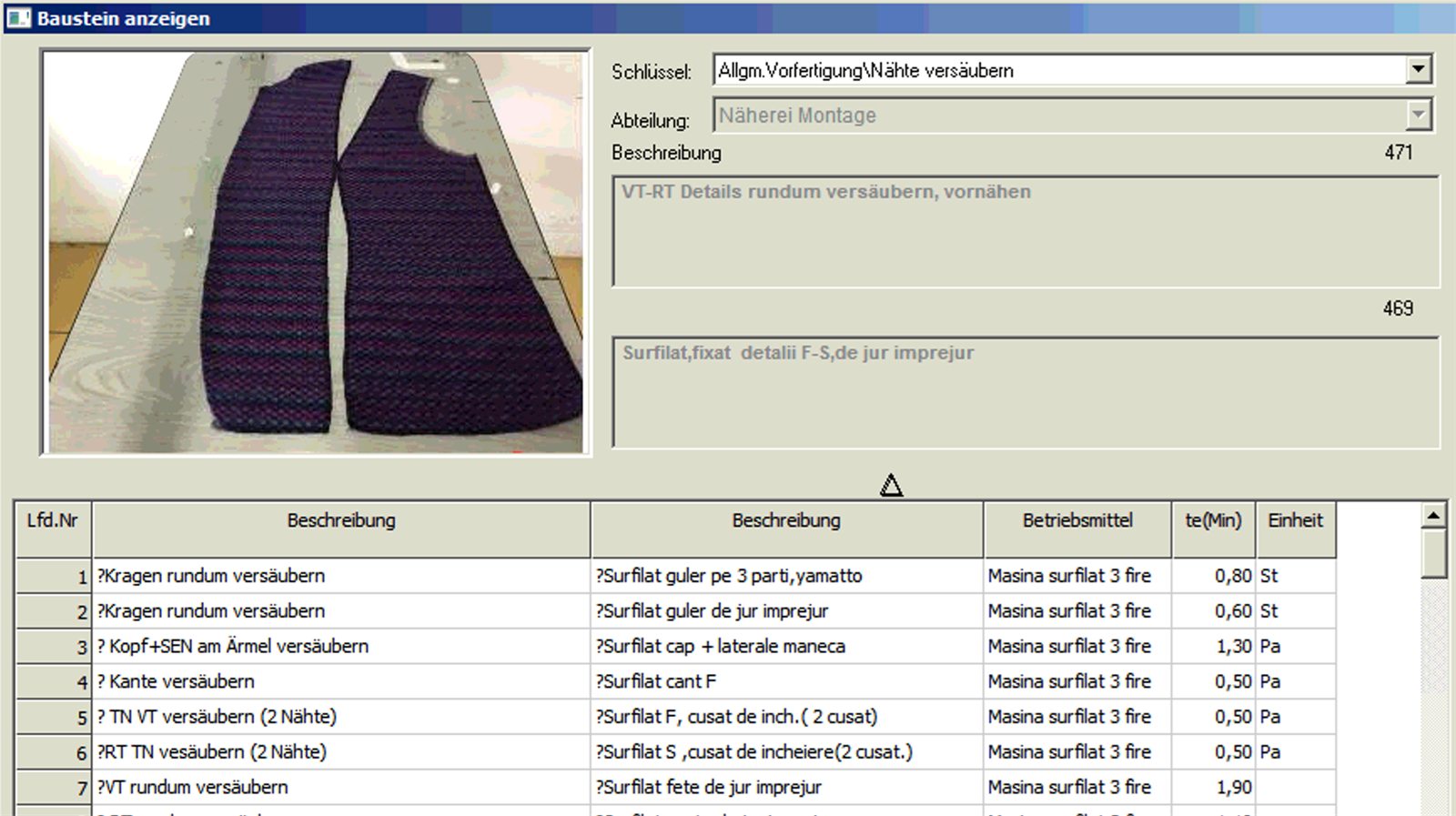 Baustein anzeigen mit Modellfoto, zweisprachigen Beschreibungen und Arbeitsgang-Liste