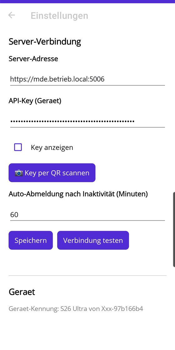 Einstellungen mit Server-Adresse und Geräte-Key