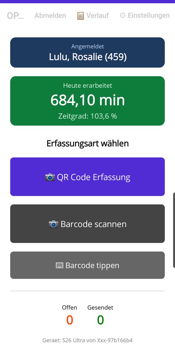 Startbildschirm mit Zeitgrad und Erfassungsarten